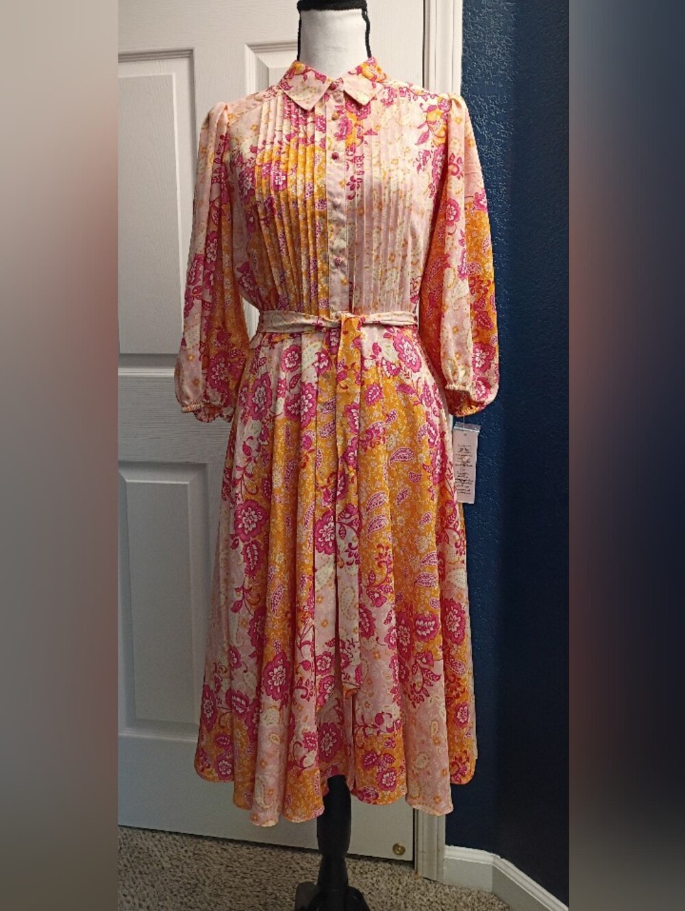 Nanette Lepore Pink & Yellow Floral Midi Shirt Dress with Belt
